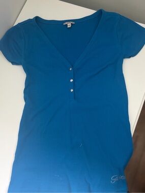 Guess Teal-Blue Short Sleeve Ribbed V-Neck Top with Snap Buttons